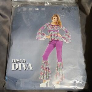 Disco Diva 70s Halloween Costume Set Purple Paisley Bell Bottoms Sz XL Hauntlook